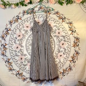 Brown & White Vertical Striped Dress with Lace Hem